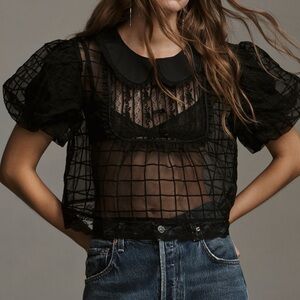 NWT! Anthropologie Black Sheer Puff lace Sleeve Blouse